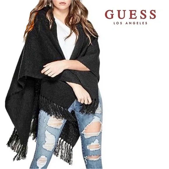 Guess Los Angeles Hooded Poncho Coat Cape Wrap Shawl with fringe fringed OS - Picture 1 of 11